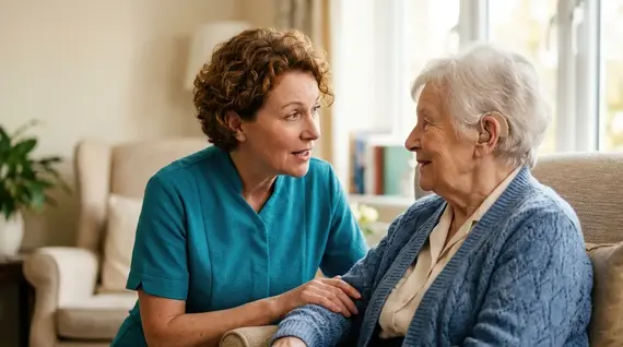 An elderly home caregiver in teal scrubs leans in to speak kindly with an older woman wearing a hearing aid, seated together in a cosy living room.